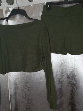 Olive Green Ribbed Two-Piece Set - Long Sleeve Crop Top & Shorts- Shein Medium